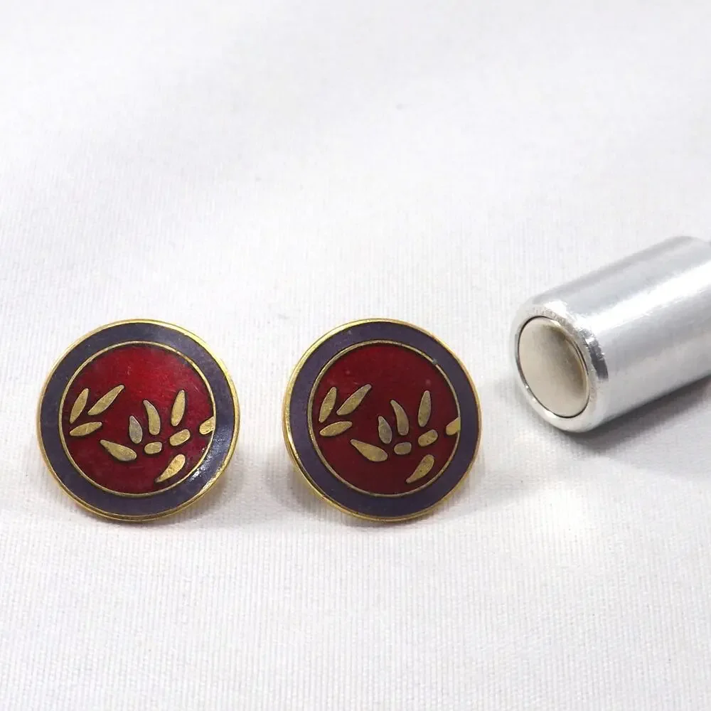Laurel Burch Bamboo Red Post Earrings, Cloisonné Gold Plated, 1980s Vintage